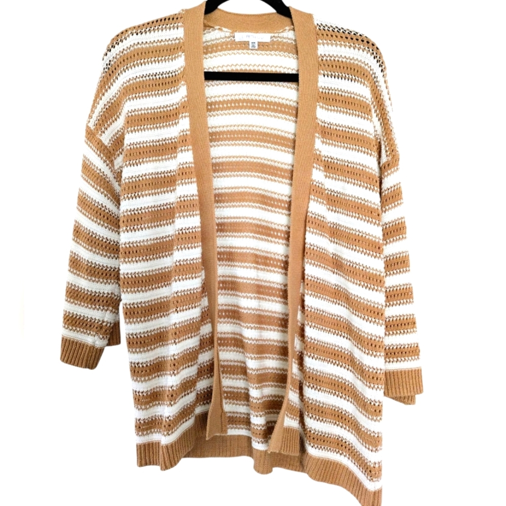 Tan Cream Striped Knit Cardigan‎ Neutral Capsule  Fall Sweater